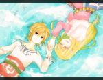  1girl bird blonde_hair blue_eyes bracelet earrings jewelry letterboxed link long_hair lying pointy_ears princess_zelda smile the_legend_of_zelda the_legend_of_zelda:_skyward_sword water 