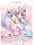  2011 2girls animal_ears blue_eyes blue_hair blush bow bunny bunny_ears dress english hair_bow hand_holding lolita_fashion long_hair multiple_girls open_mouth original pink_hair suama sweet_lolita thighhighs twintails white_legwear 