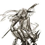  bandages copyright_request fujiwara_akina long_hair lowres pointy_ears sketch solo weapon 