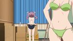  2girls animated animated_gif anus ass back bare_back bare_shoulders barefoot bent_over bikini breasts cardboard curtains easel female from_behind green_bikini hand_on_hip head_out_of_frame indoors kneepits legs long_hair mayo_chiki! multiple_girls navel nude one-piece_swimsuit photoshop pink_hair purple_hair pussy ribbon side-tie_bikini standing striped striped_panties swimsuit twintails uncensored underwear undressing usami_masamune 