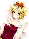  bad_id bad_pixiv_id bare_shoulders bed_sheet black_hair blonde_hair blush collarbone hair_ornament highres looking_at_viewer lying multicolored_hair off_shoulder on_back short_hair smile solo toramaru_shou touhou two-tone_hair upper_body yellow_eyes yutazou 