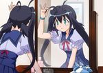  antenna_hair aoba_anoa blue_hair bracelet green_eyes hair_brush jewelry mirror non-web_source otomedius otomedius_excellent puffy_sleeves ribbon school_uniform skirt twintails vic_viper 