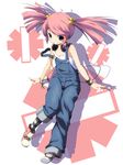  blue_eyes bracelet grin hair_bobbles hair_ornament haruka_nana headphones highres jewelry long_hair overalls pink_hair smile solo strap_slip striped striped_legwear tank_top twintails utau wristband yuzuki_kei 