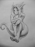  claws dragon ear_fins female half-closed_eyes hindpaw horn monochrome nude paws scalie sickyicky sitting sketch smile solo tail tatto tattoo thick_tail thighs 