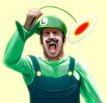  bad_id bad_pixiv_id black_hair blue_overalls facial_hair fire_flower flower green_hat green_shirt hat luigi male_focus mario_(series) masao mustache overalls shirt solo super_mario_bros. upper_body 