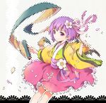  brush flower hair_flower hair_ornament hair_ribbon hieda_no_akyuu ichizen_(o_tori) japanese_clothes kimono petals purple_eyes purple_hair ribbon sash scroll short_hair smile solo touhou 