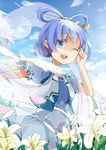  ;d absurdres bad_id bad_pixiv_id blue_eyes blue_hair dress flower hair_ornament hair_rings hair_stick highres kaku_seiga lily_(flower) one_eye_closed open_mouth petals shawl short_hair smile solo sunyukun touhou vest 