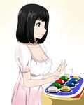  arcade_cabinet bangs black_eyes black_hair blunt_bangs bouncing_breasts breasts cleavage dress frown ikari_manatsu large_breasts original playing_games pop'n_music profile short_hair simple_background solo white_background 