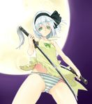  apron bad_id bad_pixiv_id black_hairband dual_wielding full_moon green_eyes hair_ribbon hairband highres holding konpaku_youmu kurokuro moon night night_sky panties ribbon sheath short_hair silver_hair sky solo striped striped_panties sword touhou underwear weapon 