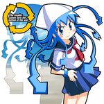  blue_eyes blue_hair english hat ikamusume logo long_hair rindou_(awoshakushi) school_uniform serafuku shinryaku!_ikamusume silhouette solo tentacle_hair typo 