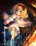  alice_margatroid ascot bad_id bad_pixiv_id blonde_hair blue_eyes book capelet dress flower hairband open_mouth perspective reaching red_flower red_rose rose short_hair silentdin solo sparkle string touhou 