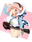  blush bouncing_breasts breasts covered_nipples electric_guitar guitar headphones highres hood hoodie huge_breasts instrument legs nitroplus okitakung open_mouth pink_hair plectrum red_eyes shiny shiny_skin shirt shorts smile solo super_sonico taut_clothes taut_shirt thighs 