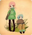  ayu_(mog) bad_id bad_pixiv_id blue_hair casual grass hat inazuma_eleven_(series) inazuma_eleven_go kariya_masaki kirino_ranmaru long_hair low_twintails multiple_boys pink_hair plant scarf twintails 