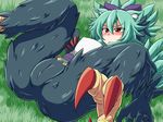  animal_ears blush bow cameltoe feathers fingernails grass green_hair hair_bow harpy legs_up long_fingernails lying monster_girl morgan_(shinrabanshou) on_back regls shinrabanshou solo spread_legs talons wings 