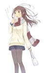  ataru_(ataru_squall) bag black_legwear blush brown_eyes brown_hair drawstring eating food food_on_face long_hair long_sleeves original pantyhose pullover scarf shorts simple_background solo standing translated 