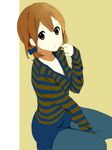  alternate_hairstyle blue_legwear bow brown_eyes brown_hair casual hair_bow hair_twirling hirasawa_yui k-on! kishida_nica looking_at_viewer o3o pantyhose ponytail shirt short_hair short_ponytail side_ponytail simple_background solo striped striped_shirt v-neck 