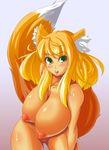  1girl animal_ears areolae artist_request blonde_hair blush breasts collarbone cowboy_shot cropped_legs fox_ears fox_tail gradient gradient_background green_eyes huge_breasts long_hair nipples nude open_mouth pussy shiny shiny_skin solo tail umigaras umigarasu_(magipro) uncensored 