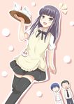  1girl 2boys :d apron bad_id bad_pixiv_id badge black_legwear chaa_(korone-ze) chef dutch_angle glass long_hair multiple_boys open_mouth otoo_hyougo purple_eyes purple_hair smile souma_hiroomi thighhighs tray tsurime waitress walking water working!! yamada_aoi zettai_ryouiki 