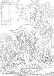  bandages book braid broom copyright_request dragon fujiwara_akina greyscale hat lamp lineart long_hair monochrome pointy_ears solo staff tree witch witch_hat 