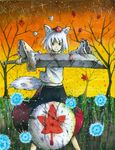  animal_ears damaged hat highres inubashiri_momiji red_eyes shield solo sword tail tokin_hat touhou weapon white_hair wolf_ears yama_gan 