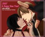  1girl 2007 ada_wong asia_airport bare_shoulders black_hair blonde_hair bomber_jacket choker closed_eyes couple dress fingerless_gloves gloves hand_on_another's_chin happy_new_year hetero imminent_kiss jacket leon_s_kennedy lips new_year red_dress resident_evil resident_evil_4 short_hair 