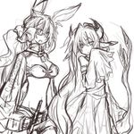  animal_ears belt copyright_request dagger dress fujiwara_akina glasses horns jacket lock long_hair lowres multiple_girls pouch ribbon short_shorts shorts sketch tail weapon 