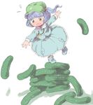  bad_id bad_pixiv_id black_hair blue_eyes blush cucumber falling hair_bobbles hair_ornament hat highres hozumiare jewelry kawashiro_nitori key minigirl necklace open_mouth outstretched_arms pendant shirt skirt skirt_set solo stacking touhou two_side_up wavy_mouth 