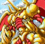  cloud clouds dhelios digimon gold heracleskabuterimon herculeskabuterimon horn male multi_limb multiple_arms navel solo wings 