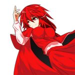  breasts cape impossible_clothes impossible_shirt kooroo long_hair medium_breasts okazaki_yumemi red_eyes red_hair shirt smirk solo touhou touhou_(pc-98) 