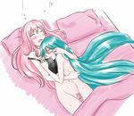  after_sex afterglow aqua_eyes aqua_hair bad_id bad_pixiv_id bed bed_sheet between_breasts blush bottomless breasts closed_eyes colored_pubic_hair cuddling hair_down happy hatsune_miku hug long_hair megurine_luka multiple_girls naked_sheet nipples nude pink_hair pink_pubic_hair pubic_hair pussy_juice small_breasts sweat vocaloid wet yaya_(y8ay8a) yuri 