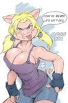  animal_ears big_breasts blonde_hair breasts english_text female green_eyes hair holimount huge_breasts mammal pig pigtails porcine smile solo tail text 