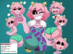  1girl angry ashido_mina ass bare_arms bent_over black_sclera blue_background blush bodysuit boku_no_hero_academia bra breasts cleavage crying eyes_closed fur_trim grin horns large_breasts looking_at_viewer multiple_views open_mouth panties pink_hair pink_skin samurairen short_hair simple_background smile thick_thighs thighs tongue underwear upper_teeth yellow_eyes 