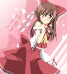  ascot bad_id bad_pixiv_id blush bow brown_eyes brown_hair detached_sleeves gohei hair_bow hair_ribbon hair_tubes hakurei_reimu long_hair oniku_(shimofuri-ke) oonusa parted_lips pink_background ribbon skirt solo touhou 