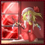  :p ascot blonde_hair blush flandre_scarlet full_moon hat laevatein moon nobamo_pieruda red_eyes red_moon ribbon side_ponytail skirt socks solo tongue tongue_out touhou window wings 