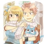  1girl arm_around_neck blonde_hair blush breasts cat cleavage couple erinan fairy_tail happy_(fairy_tail) hetero hug lucy_heartfilia medium_breasts natsu_dragneel one_side_up pink_hair scarf shared_scarf smile 