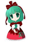  arm_ribbon bad_id bad_pixiv_id bow chibi dress frills front_ponytail green_eyes green_hair hair_ribbon kagiyama_hina looking_at_viewer open_mouth red_dress ribbon siba-y solo touhou 