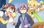  ^_^ annoyed baseball_cap black_hair blonde_hair closed_eyes double_v gen_1_pokemon hat jun_(pokemon) male_focus mogawa multiple_boys pikachu pokemon pokemon_(anime) pokemon_(creature) pokemon_(game) pokemon_dp_(anime) pokemon_dppt purple_hair satoshi_(pokemon) scarf shinji_(pokemon) sweatdrop v 