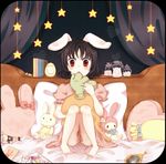  :&lt; :o :x animal_ears bare_legs barefoot bed black_hair blush bunny_ears carrot character_doll crayon feet hand_mirror inaba_tewi mirror open_mouth pillow red_eyes reisen_udongein_inaba shizuco_(pizicato) short_hair sitting solo star stuffed_animal stuffed_bunny stuffed_carrot stuffed_toy themed_object touhou wide-eyed 