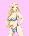  1girl artist_request blonde_hair blue_bra blue_eyes blue_panties booselene bra erection futanari hands_on_hips highres lingerie long_hair naruto panties penis penis_in_panties simple_background solo testicles uncensored underwear yamanaka_ino 