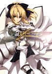  armor armored_dress artoria_pendragon_(all) bad_id bad_pixiv_id blonde_hair bow dress fate/stay_night fate/unlimited_codes fate_(series) gauntlets green_eyes hair_bow ponytail saber saber_lily smile solo sword takemori_shintarou weapon white_dress 