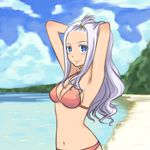  armpits arms_up beach bikini blue_eyes breasts cloud day fairy_tail hands_in_hair long_hair medium_breasts mirajane_strauss mizunashi_sora navel outdoors silver_hair smile solo swimsuit 