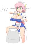  1girl ahoaho bell blush breasts cleavage cow_bell erect_nipples female green_eyes horns huge_breasts huge_nipples long_nipples lotte_no_omocha! maid milk nipples open_mouth panties pink_hair pointy_ears sitting solo stick_nipples tail underwear 