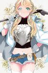  armor bad_id bad_pixiv_id bandaid belt blonde_hair breastplate cutoffs denim denim_shorts gloves green_eyes hair_ribbon hand_on_hip holding jacket jacket_on_shoulders long_hair looking_at_viewer low_twintails midriff navel nod open_clothes open_fly open_shorts ribbon seyfarf shirt short_shorts shorts shovel skindentation solo sword_girls thighhighs twintails unzipped white_gloves white_legwear 