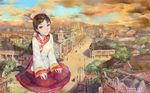  amatiz boots bow brown_eyes brown_hair building chinese_clothes cityscape cloud earrings eyeliner giantess hair_bow historical jewelry lipstick makeup nail_polish original ponytail sitting sky smile taiwan toggles tree wariza 