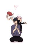  1boy 1girl ? braid bun couple cup eating food genderswap heart kuno_tatewaki kunou_tatewaki mug nikuman ranma-chan ranma_1/2 saotome_ranma seiza shorts single_braid sitting thighhighs toot 