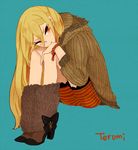  afuro_terumi blonde_hair boots bracelet fur_boots head_rest inazuma_eleven inazuma_eleven_(series) jewelry l_hakase long_hair male_focus otoko_no_ko red_eyes solo very_long_hair 
