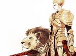  armor bad_id bad_pixiv_id blonde_hair ea_(fate/stay_night) earrings fate/stay_night fate_(series) gilgamesh jewelry lion male_focus red_eyes solo zmore 