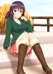  atsuko blush boots breasts cleavage diesel-turbo large_breasts minami-ke purple_eyes purple_hair short_hair sitting skirt smile solo 