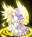  copyright_request dress feathers glowing happy highres long_hair myaaco purple_hair sitting solo wings yellow_eyes 