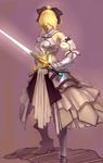  armor armored_dress artoria_pendragon_(all) bare_shoulders blonde_hair bow caliburn detached_sleeves dress fate/stay_night fate/unlimited_codes fate_(series) gauntlets hair_bow hair_over_eyes highres ponytail realistic saber saber_lily shuizhanglang solo sword weapon 